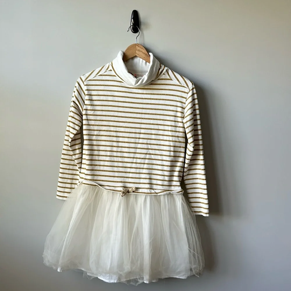 Girls Crewcuts by J Crew Drop Waist Cowl Neck Gold Stripe tutu Dress 12 - Picture 1 of 6